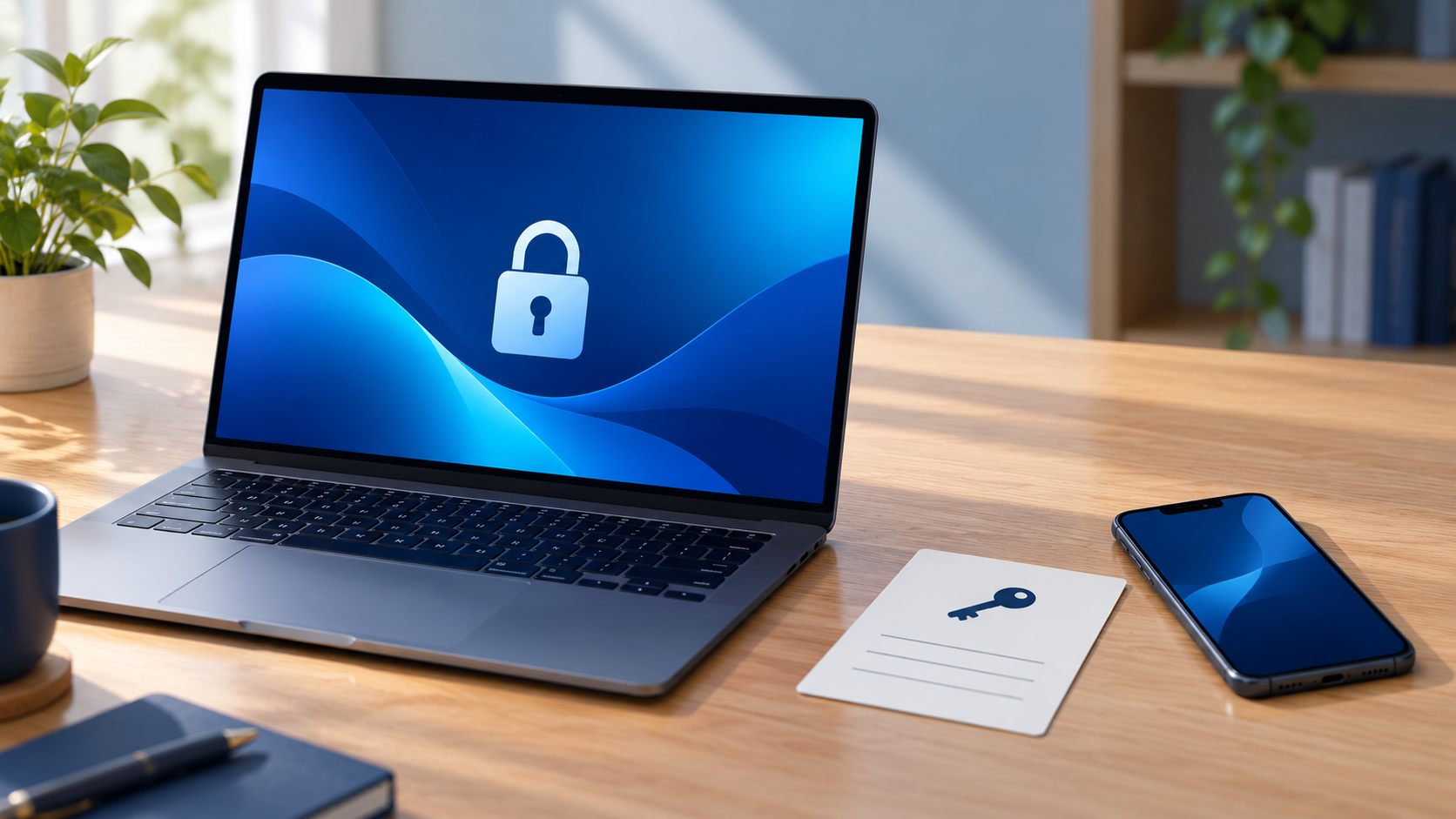 鍵のマークを表示したノートPCと、回復情報の保管を表すカードとスマートフォン