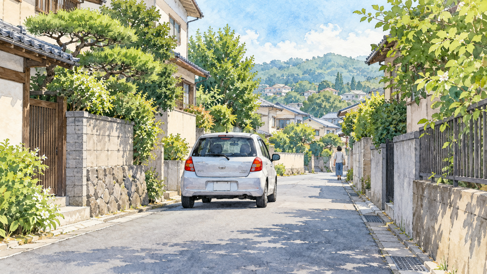 中央線のない住宅街の道路を通行する車と歩行者を描いた水彩イラスト
